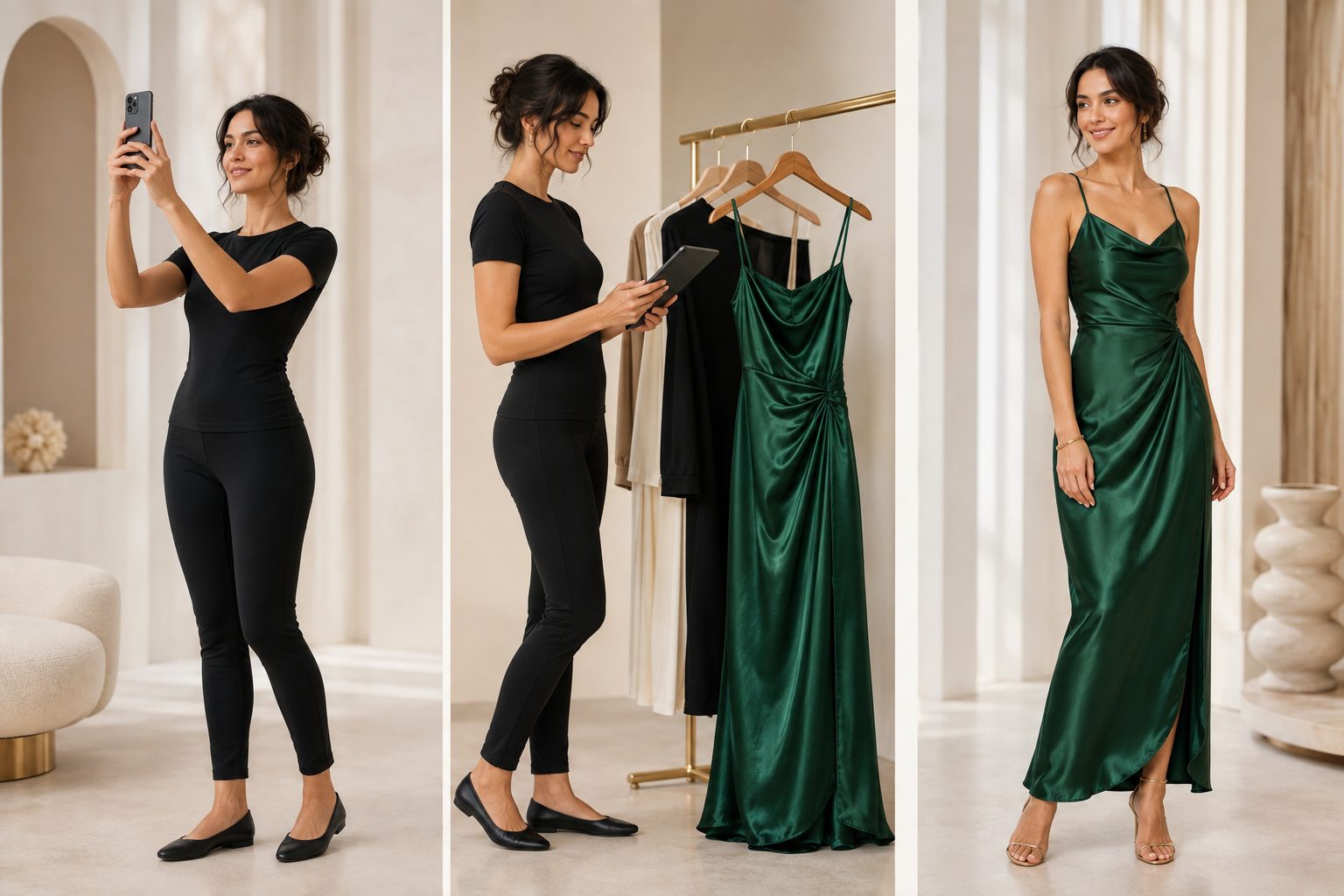 Illustrative three-stage Virtual Fit journey showing the same woman adding reference photos, selecting an emerald silk dress, and viewing the dress on herself.